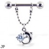 Nipple ring with dangling chain, dolphin and gem, 12 ga or 14 ga