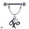 Nipple ring with dangling Chinese symbol for "peace" and gem, 12 ga or 14 ga