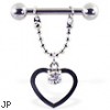 Nipple ring with dangling hollow heart and gem on a chain, 12 ga or 14 ga