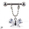 Nipple ring with dangling jeweled butterfly, 12 ga or 14 ga