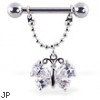 Nipple ring with dangling jeweled butterfly on chain, 12 ga or 14 ga