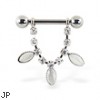 Nipple ring with dangling jeweled chain and catseye, 12 ga or 14 ga