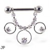 Nipple ring with dangling jeweled chain and circles and gems, 12 ga or 14 ga