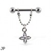Nipple ring with dangling jeweled chain and cross, 12 ga or 14 ga