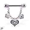 Nipple ring with dangling jeweled chain and fancy hearts, 12 ga or 14 ga
