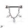 Nipple ring with dangling jeweled chain and pear-shaped gems, 12 ga or 14 ga