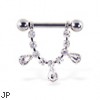 Nipple ring with dangling jeweled chain and teardrop gems, 12 ga or 14 ga