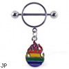 Nipple ring with dangling rainbow flame