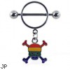 Nipple ring with dangling rainbow skull and crossbones