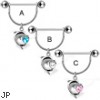 Nipple ring with dolphin and heart shaped gem, 14 ga