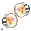 Pair Of Pink & Orange Dried Flower Clear Acrylic Double Flared Stainless Steel Plugs