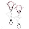 Pair Of Pink Gem Paved Nipple Rings with Dangling Handcuffs