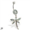 Pave jeweled belly ring with dangling jeweled dragonfly