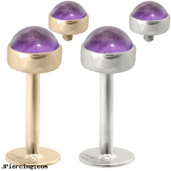14K  Gold internally threaded labret with 4mm Amethyst Cabochon, gold navel rings, 14k gold nipple ring, gold body piercing, internally threaded body jewelry, belly ring titanium internally threaded