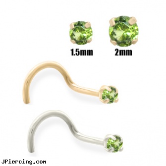 14K Gold Apple Green Diamond Nose Screw, gold belly button rings, 14 katet gold belly ring, gold body jewelry wholesale, body peircing appleton wi, diamond labrets
