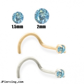 14K Gold Aqua Blue Diamond Nose Screw, belly rings gold, harley davidson gold navel rings, gold belly button rings, black and blue titainum tongue rings, body jewelry blue heart