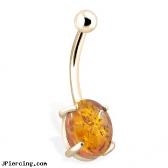 14K Gold Belly Button Ring With Genuine Amber Stone, real gold nipple rings, 14 karet gold navel rings, gold plated straight barbell eyebrow jewelry, square gemstone belly button ring, aerosmith belly button rings