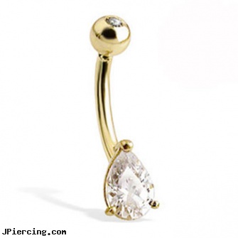 14K Gold Belly Button Ring With Teardrop-Shaped Stone And Jeweled Top Ball, white gold belly ring, gold gem nose screw, gold nipple stirrups jewelry, belly button piercings information, phillips screw belly button ring