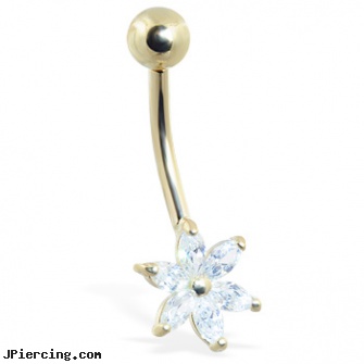 14K Gold Belly Ring With 6-Petal Jeweled Flower, gold mermaid body jewelry, solid gold tongue ring, gold opal belly button ring, infected belly button piercing pictures, belly button piercing pics
