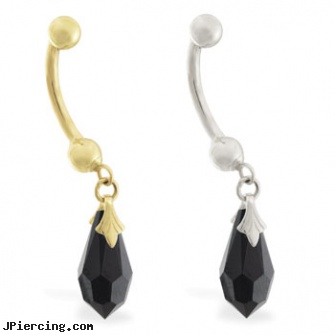 14K Gold belly ring with dangling black swarovski crystal teardrop, gold cock rings, 14kt gold belly ring, nipple rings and gold, belly piercing skeleton, stores that sell non-piercing belly button rings