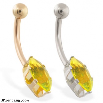 14K Gold belly ring with long yellow marquise CZ, 14kt gold belly ring, gold mermaid body jewelry, gold eyebrow jewelry, belly buttons rings, niobium belly ring
