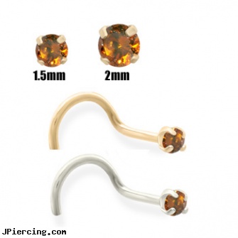 14K Gold Burnt Orange Diamond Nose Screw, white gold navel ring, gold jeweled labret ring, 22 gold nose rings, orangevale ca body piercing shops permanent attractions, diamond nose screw
