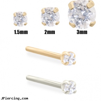 14K Gold Clear Diamond Nose Stud, 14 kt white gold belly button rings, 22 gold nose rings, nose screw white gold, straight barbell clear retainer, belly button rings clearance