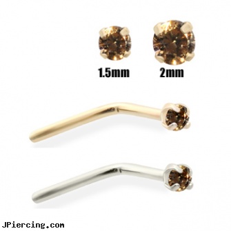 14K Gold Cognac Diamond Nose Pin, gold pictures, white gold nose pin, solid gold tongue ring, diamond tongue piercing, diamond nipple ring