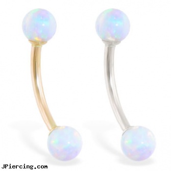 14K Gold curved barbell with White opal balls, 16 ga gold body jewelry, gold plated belly button rings, fake gold nose ring, curved barbell jewelry, uv curved barbell