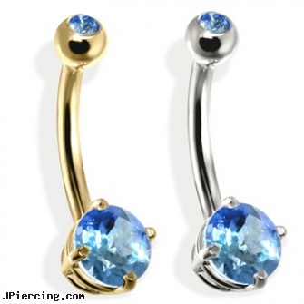 14K Gold Double Jeweled Belly Ring, Blue Zircon, gold piercing jewelry, gold nose studs, gold nose screws, double nipple piercings, double cock ring