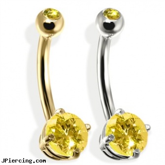 14K Gold Double Jeweled Belly Ring, Citrine, 14k gold nipple ring, 14 gold plated belly rings, yellow gold diamond nose ring, double naval piercings, double cock ring