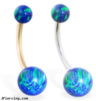 14K Gold Gorgeous Blue Green Opal Belly Ring, real gold nose rings from india, 14k gold belly button rings jewelry, 14kt gold navel jewelry jewelry deep, black and blue titainum tongue rings, body jewelry blue heart