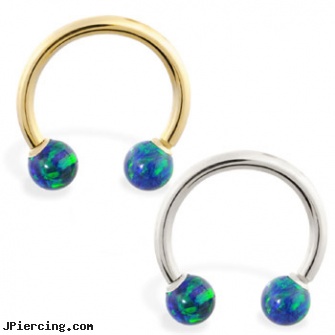 14K Gold Horseshoe/Circular Barbell with Blue Green Opal Balls, body piercing jewellery gold, gold body jewelry earrings, gold tongue jewelry, tongue piercing barbell, barbells for cartilage piercing