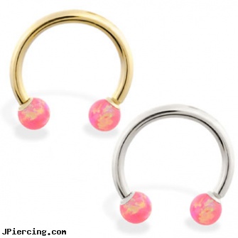 14K Gold Horseshoe/Circular Barbell with Pink Opal Balls, gold nautical body jewelry, gold nipple jewelry, gold tongue rings, eyebrow barbell, ear piercing barbells