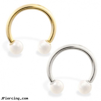 14K Gold Horseshoe/Circular Barbell with White Akoya Pearl Balls, ear cuff jewelry gold, white gold top down navel rings, gold navel barbells 8mm, cheap nipple barbell, internally threaded straight barbells