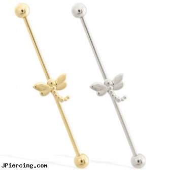14K Gold Industrial Straight Barbell With Dragonfly Charm, gold cock ring, belly button ring gold reverse, gold belly button jewelry to buy, industrial and piercings, vertical industrial ear piercings cartilage
