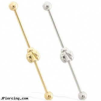 14K Gold Industrial Straight Barbell With Ladybug Charm, gold nose screws, jewelry supplies gold ear wires, 14k gold diamond nose piercing, industrial piercings using piercing gun, industrial steel body jewellery