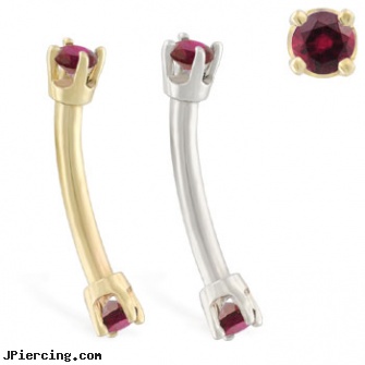 14K Gold internally threaded curved barbell with Garnet gems, real gold nipple rings, hot candy 14kt gold belly rings, gold navel jewelry, belly ring titanium internally threaded, internally threaded straight barbells