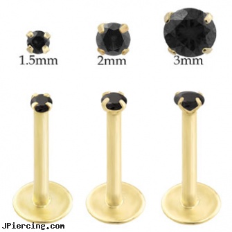 14K Gold internally threaded labret with Black CZ, 14k gold captive bead ring, 16 ga gold body jewelry, golden retriever belly button rings, internally threaded body jewelry, internally threaded straight barbells