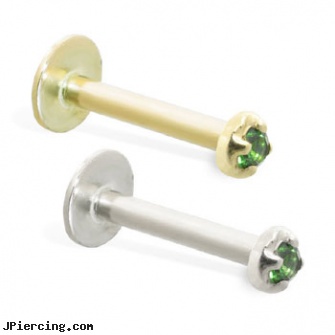 14K Gold internally threaded labret with emerald 1mm, 16 ga gold body jewelry, gold belly jewelry, solid gold tongue ring, internally threaded body piercing jewelry, internally threaded straight barbells