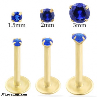 14K Gold internally threaded labret with Sapphire, pircing gold, nipple rings and gold, 14k gold captive bead ring, internally threaded body jewelry, internally threaded straight barbells