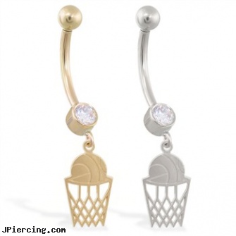 14K Gold jeweled belly ring with dangling basketball and net charm, gold belly ring, real gold nipple rings, gold frenum cock ring, 18g jeweled labrets, jeweled belly rings