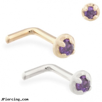 14K Gold L-shaped nose pin with 1.5mm Amethyst gem, diamond gold nose stud nose ring, 14k gold belly button ring, white gold nose pin, crescent shaped piercing expanders, shaped nose studs