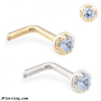 14K Gold L-shaped nose pin with 1.5mm Aquamarine gem, gold labret, solid gold tongue ring, gold playboy bunny belly button rings, shaped nose studs, horseshoe shaped items