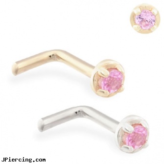 14K Gold L-shaped nose pin with 1.5mm Pink Tourmaline gem, gold navel piercings, sexual gold charms, solid gold navel jewelry, heart shaped belly button ring, flower shaped labret jewerly