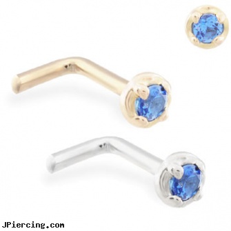 14K Gold L-shaped nose pin with 1.5mm Sapphire gem, gold nautical body jewelry, india nose pin nose stud nose ring gold diamond retail, gold piercing, l-shaped nose jewelry, shaped nose studs