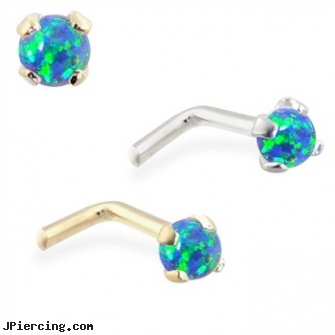 14K Gold L-shaped Nose Pin with 2mm Round Blue Green Opal, 18k 14k gold horseshoe body jewelry, 14 kt gold belly ring, gold cz belly button rings, flower shaped labret jewerly, 18ga l-shaped nose stud