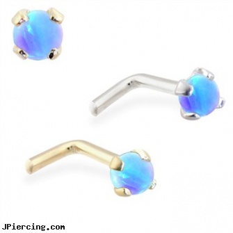 14K Gold L-shaped Nose Pin with 2mm Round Blue Opal, gold genital jewelry, gold piercing jewelry, 14 kt white gold belly button rings, shaped nose studs, horseshoe shaped items