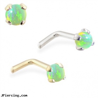 14K Gold L-shaped Nose Pin with 2mm Round Green Opal, gold nose screws, gold opal belly button ring, non piercing gold nipple jewelry nipple rings, horseshoe shaped items, flower shaped labret jewerly