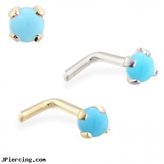 14K Gold L-shaped Nose Pin with 2mm Round Turquoise, nose screw white gold, 14 kt gold plated belly button navel ring, solid gold navel jewelry, heart shaped belly button ring, shaped nose studs